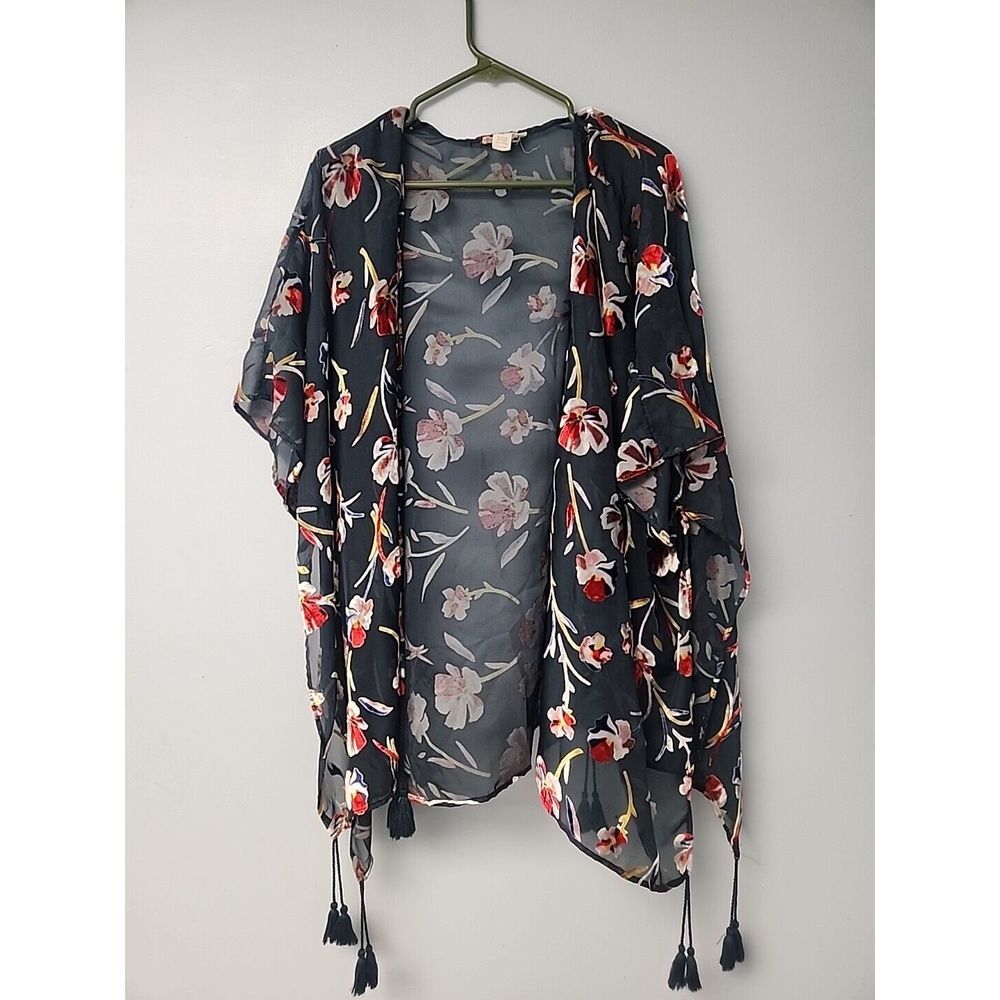 Japna Womens M Dark Green Floral Sheer‎ Tassel Kimono Velvet Boho